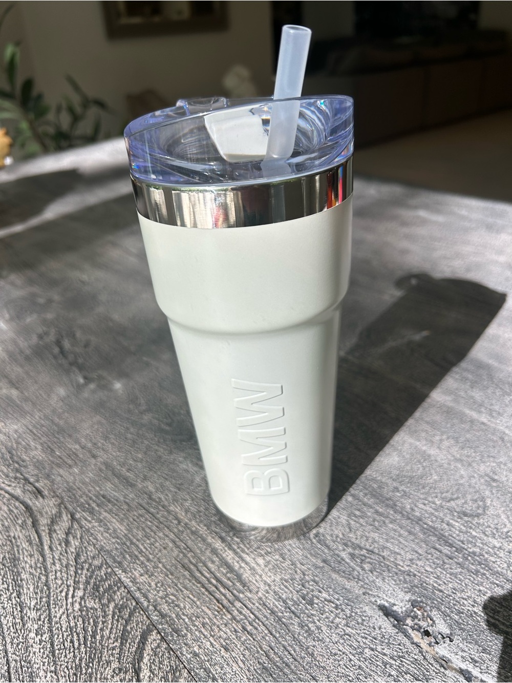 BMW White Travel Tumbler with Clear Lid and Straw